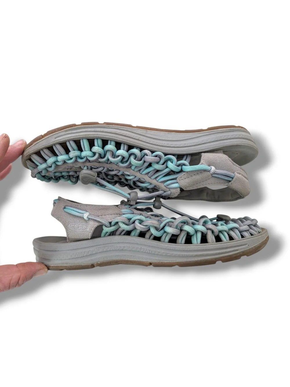 NWOT KEEN Women's Uneek open-air cord sandals in a grey and aqua blue colorway